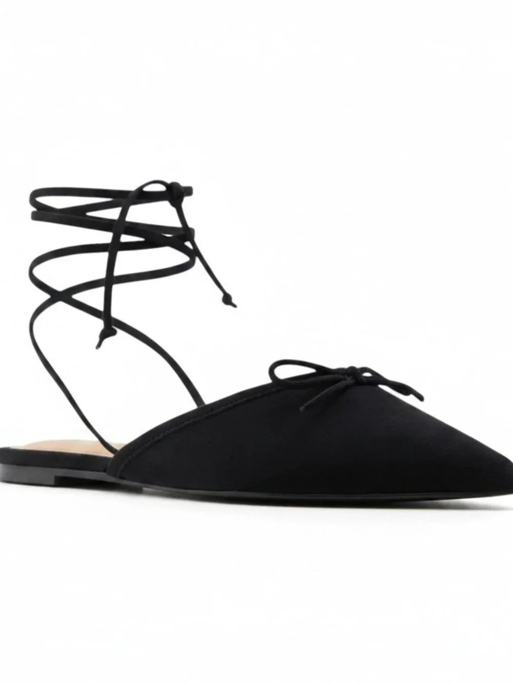 NWOB Who What Wear Black Suede Evelyn Pointed Toe Lace Up Strap Bow Flats 7 1/2